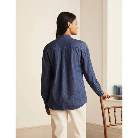BODEN Fiona Indigo Cotton Denim Tie Neck Button Down Shirt Top, Size 12 - Picture 4 of 15